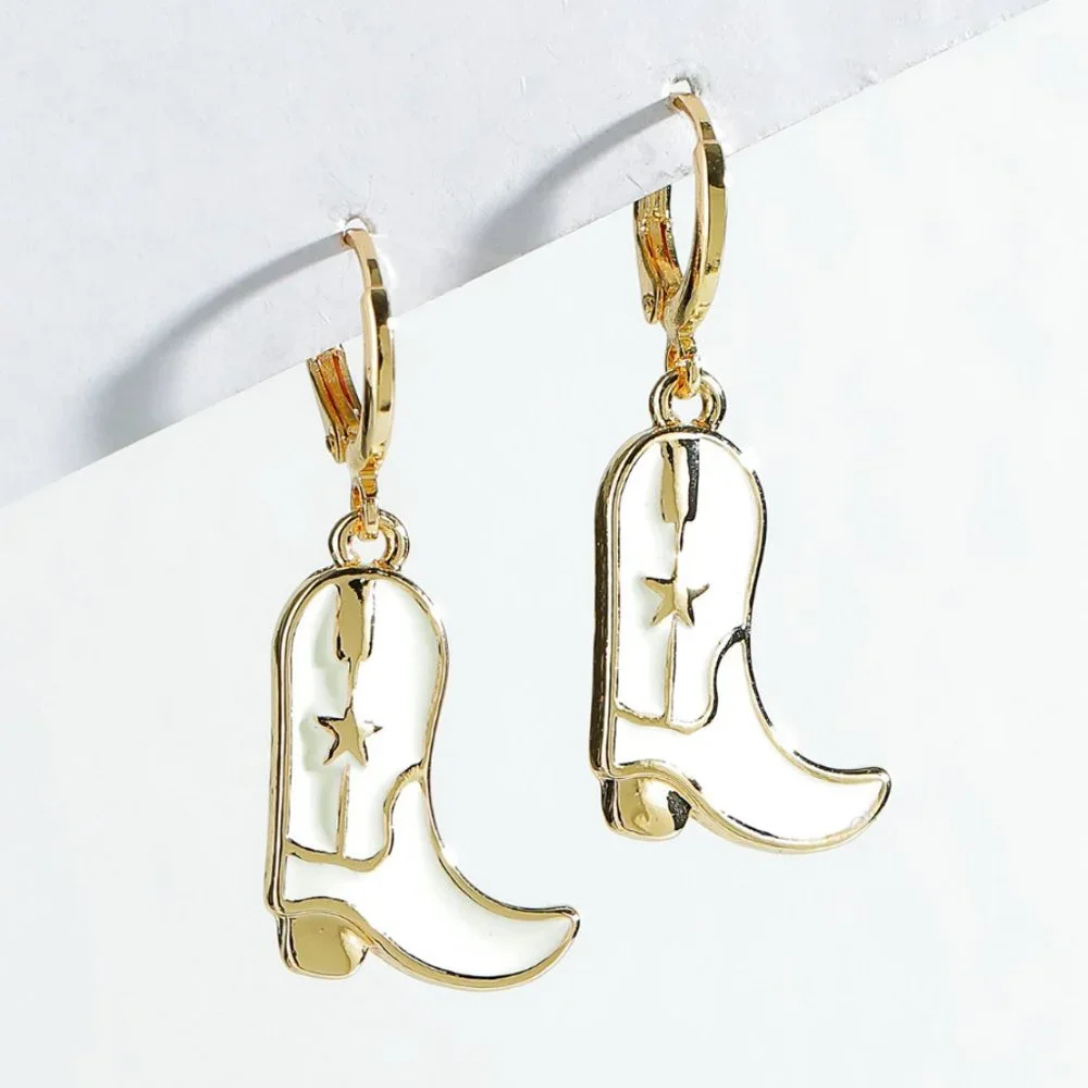 White & Gold Western Cowgirl Cowboy Boots Huggie Dangle Earrings NEW - Picture 2 of 4